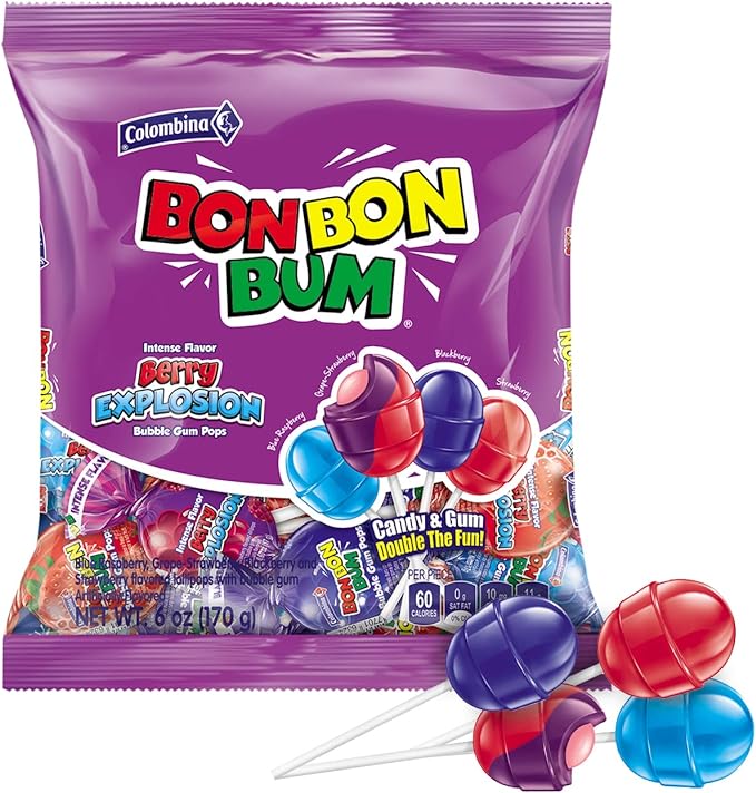 Colombina Bon Bon Boom Berry Explosion Bubble Gum Pops - 170g Bag
