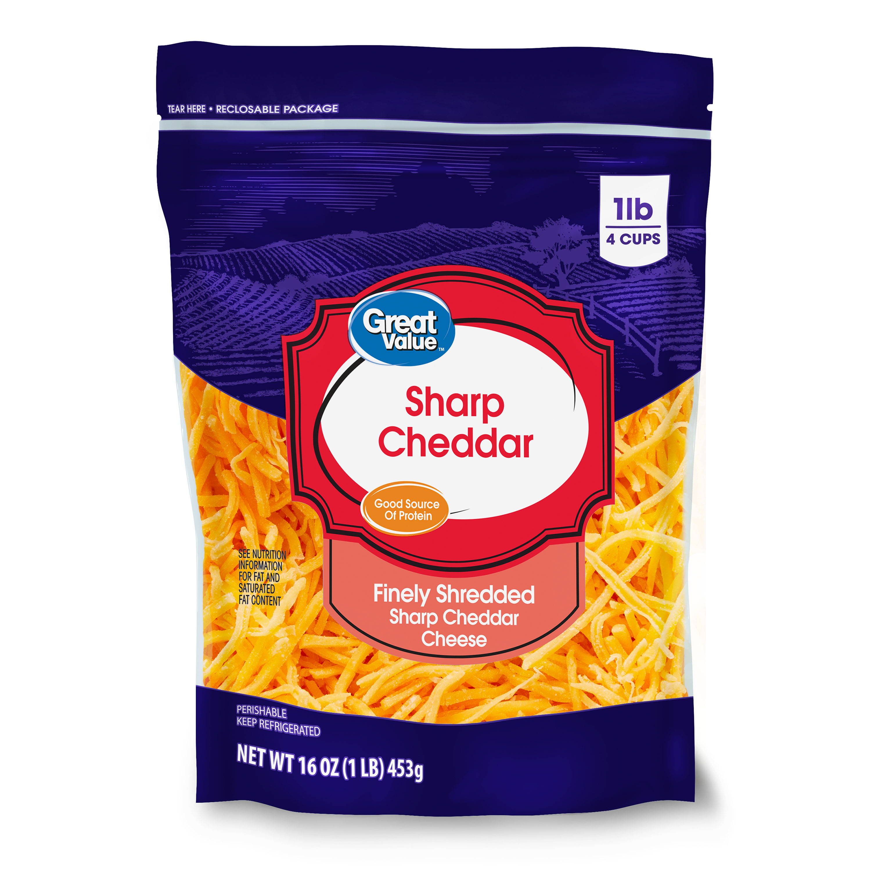 Great Vallue Great Value Finely Shredded Sharp Cheddar Cheese, 16