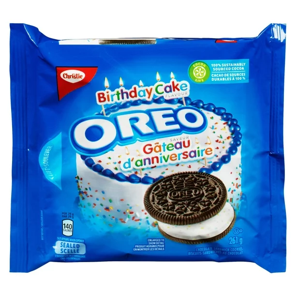 Oreo Birthday Cake Crème Cookies 261G is halal suitable, vegan