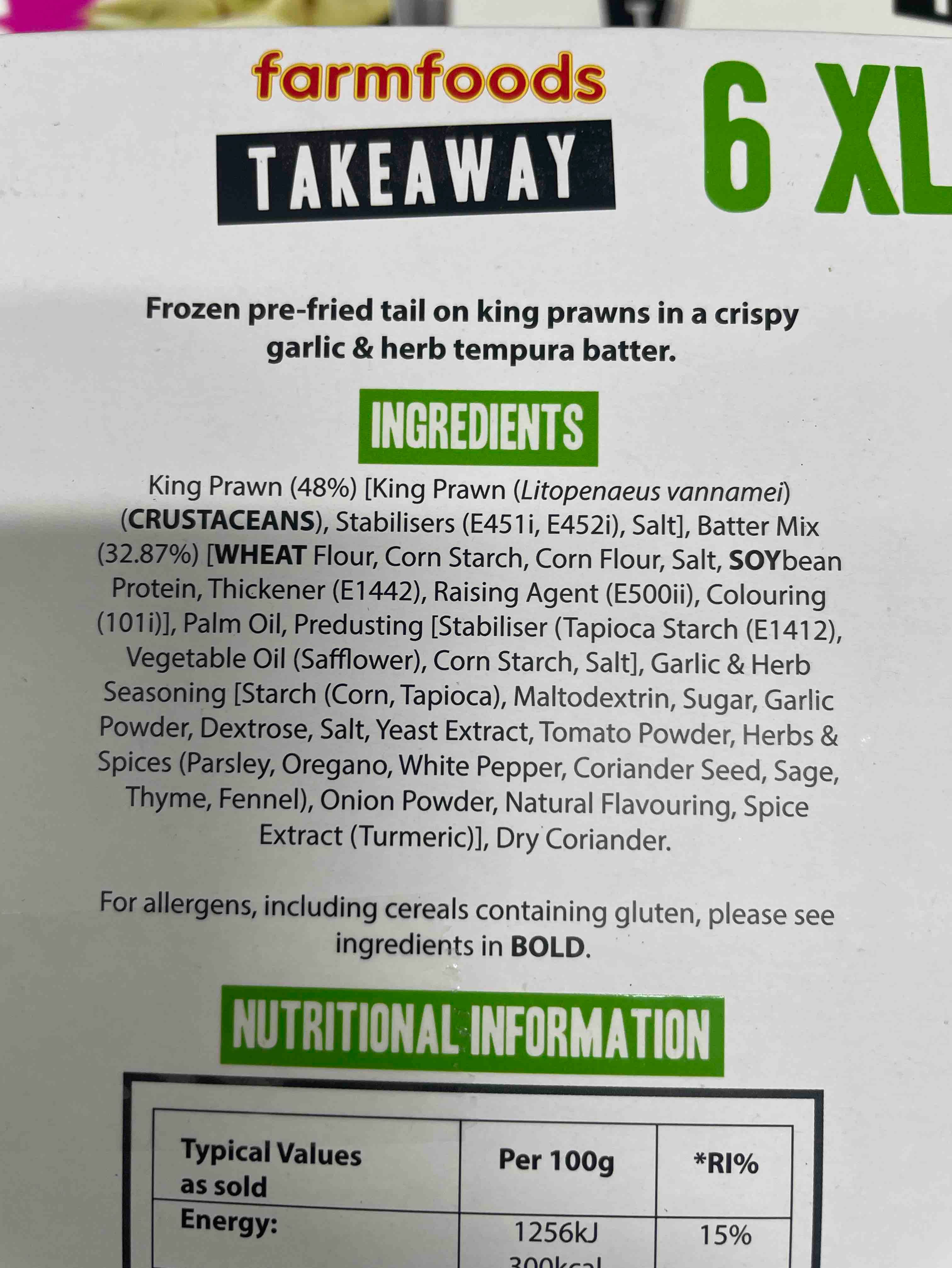 farm foods Frozen pre-fried tail on king prawns in a crispy garlic