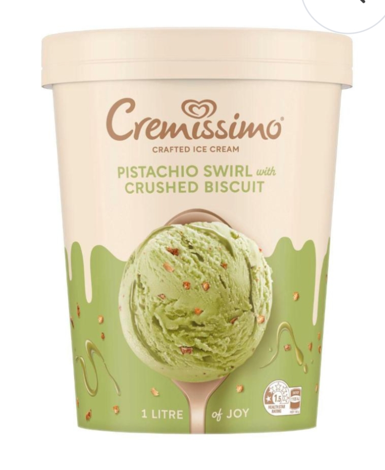Streets Cremissimo Pistachio Biscuit Ice Cream Tub 1L is not Halal