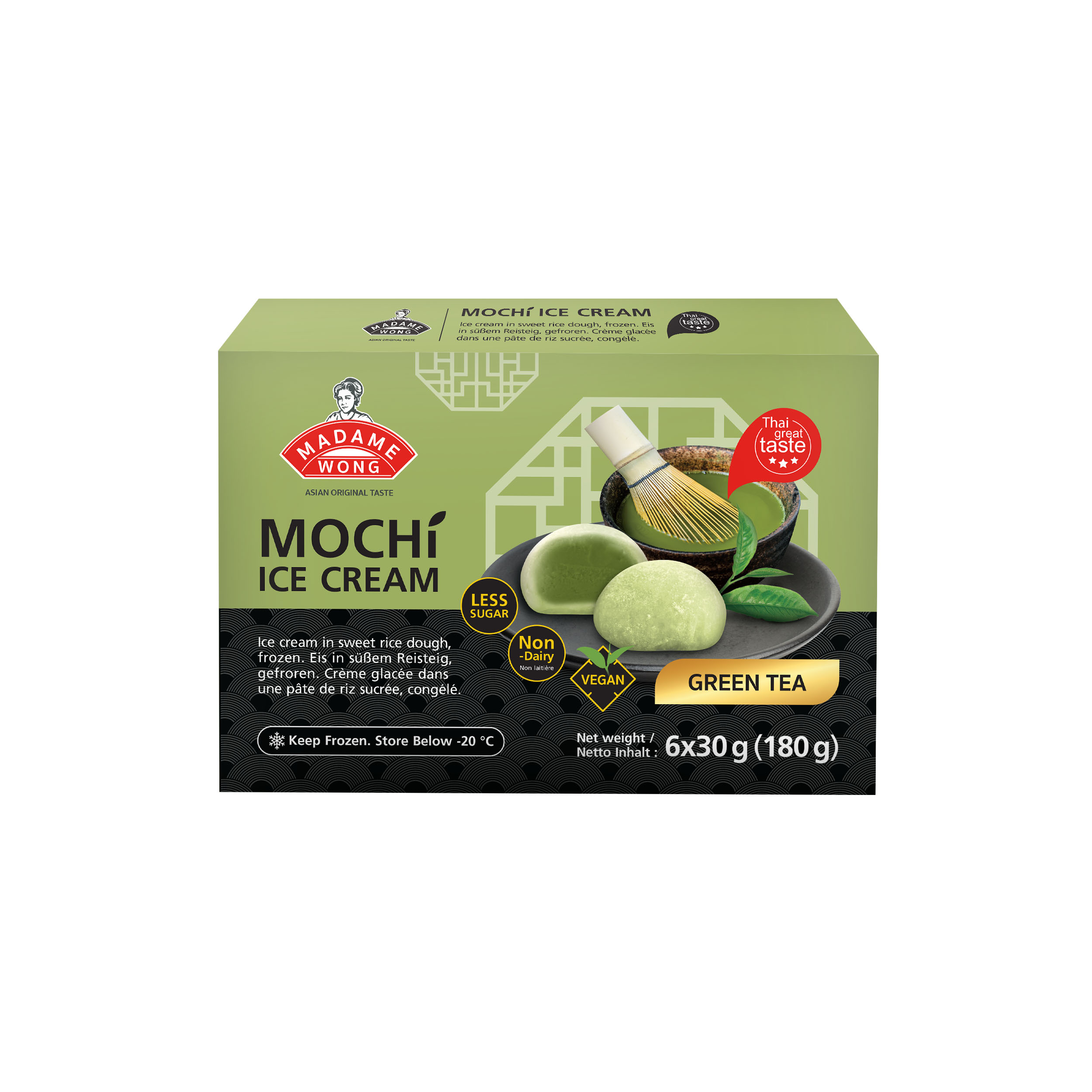 Madame Wong Mochi IceCream Green Tea Vegan 12X6X30G is Halal